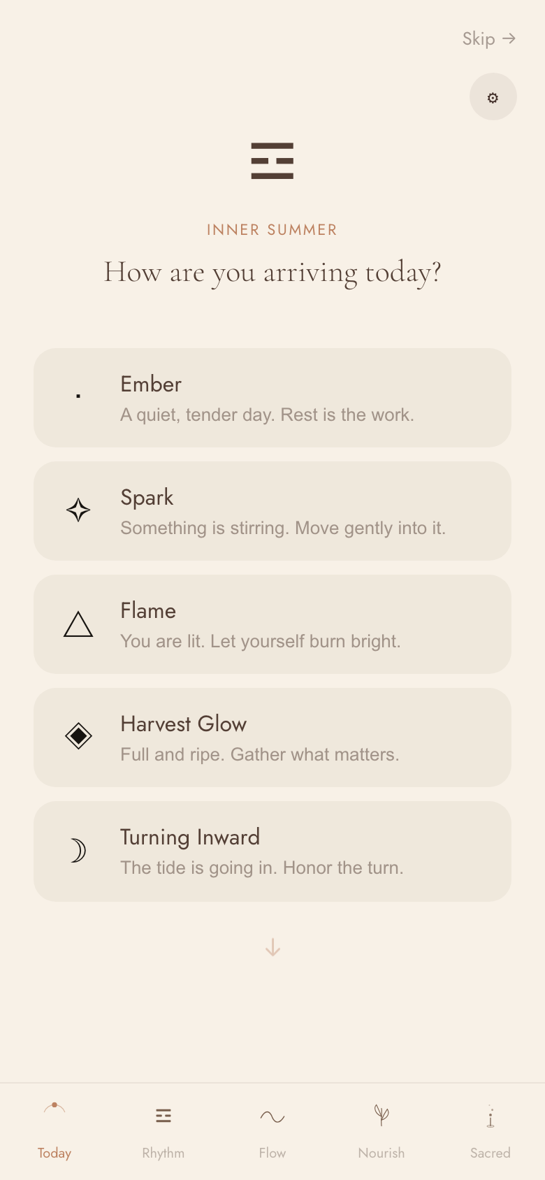 Morning Check-In screen — Inner Summer energy check-in