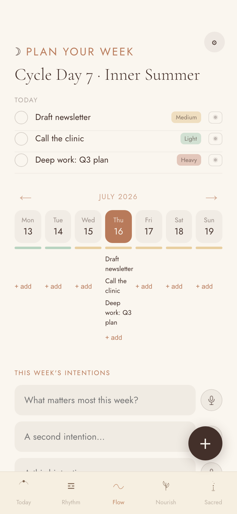 Flow Tasks screen — Plan Your Week